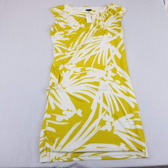 Ann Taylor Dress Womens Medium Yellow White Abstract Print Sleeveless Ruched NWT - Picture 1 of 11
